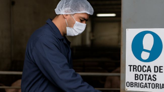 Imagem 1. Trabalhador em uma granja de su&iacute;nos atravessa diferentes &aacute;reas sem trocar as botas, ignorando o protocolo de biosseguridade indicado. Imagem gerada por intelig&ecirc;ncia artificial para fins ilustrativos (OpenAI, 2025).
