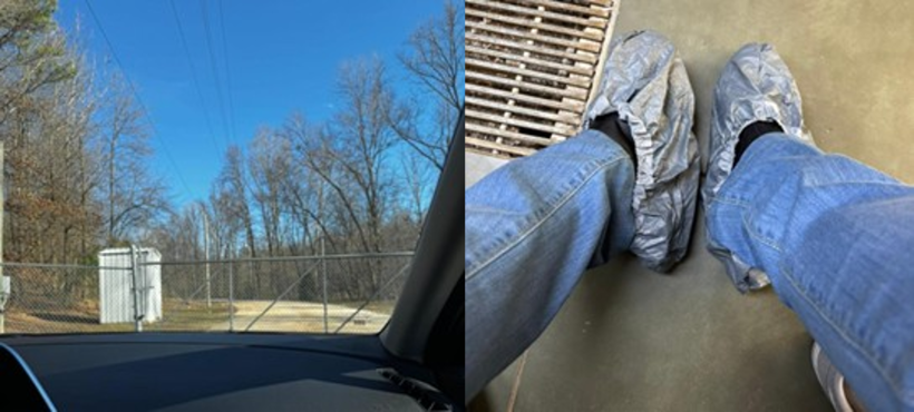 Figura 1. Port&otilde;es de acesso &agrave; granja com sistema de entrada rigorosamente controlado por senha (esquerda). Prop&eacute;s para entrada na granja (direita).
