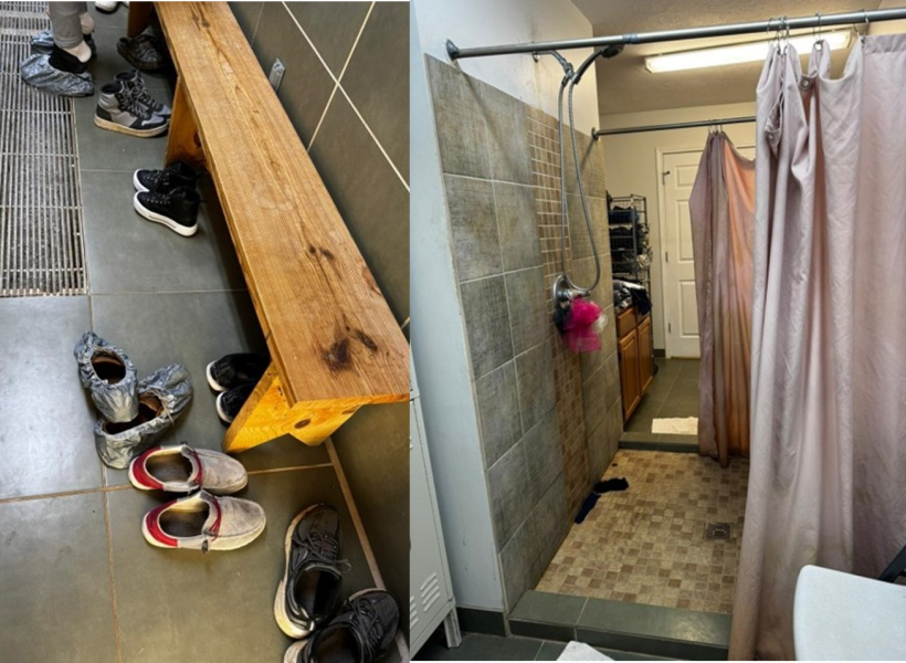 Figura 2. Sapatos dos funcion&aacute;rios ficam na &aacute;rea suja (esquerda). Banheiros individuais (direita).
