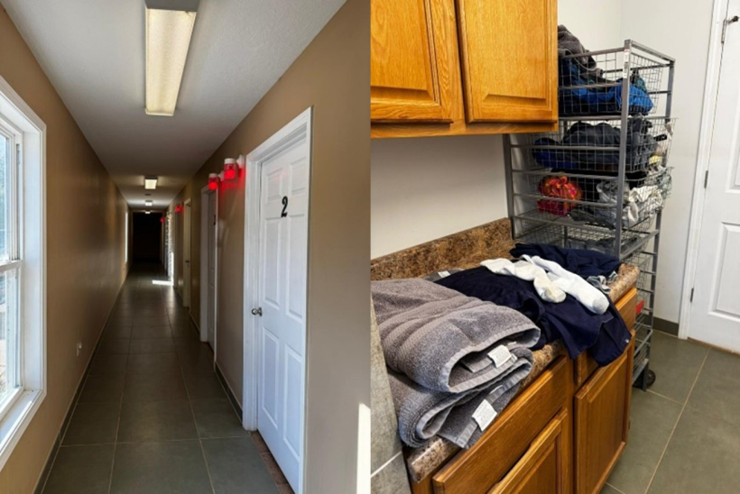 Figura 3. Um banheiro para cada quatro colaboradores do mesmo sexo (esquerda). Uniformes e toalhas individuais e identificadas (direita).
