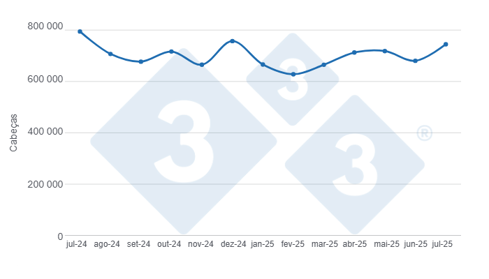 Gr&aacute;fico 1: Evolu&ccedil;&atilde;o do abate de su&iacute;nos nos &uacute;ltimos 12 meses. Elaborado pelo Departamento de Economia e Sustentabilidade da 333 Latinoam&eacute;rica com dados da Secretaria de Agricultura, Pecu&aacute;ria e Pesca do Minist&eacute;rio da Economia da Argentina.
