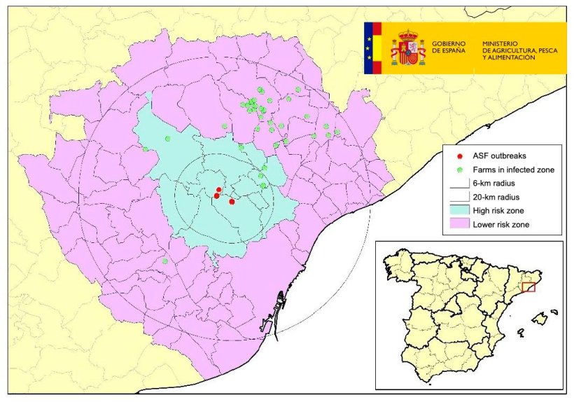 Localiza&ccedil;&atilde;o das granjas restritas dentro da &aacute;rea infectada, com munic&iacute;pios em zonas de alto e baixo risco. (Fonte: MAPA)
