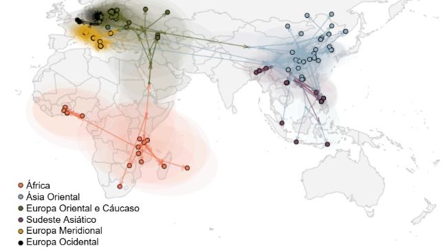 Figura 2. Propaga&ccedil;&atilde;o global do v&iacute;rus da PSA (Rossi et al., bioRxiv 2025).
