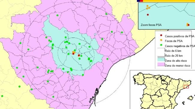 Localização dos 7 focos em javalis silvestres e dos javalis encontrados mortos com resultado negativo detectados na Catalunha (Fonte: MAPA).