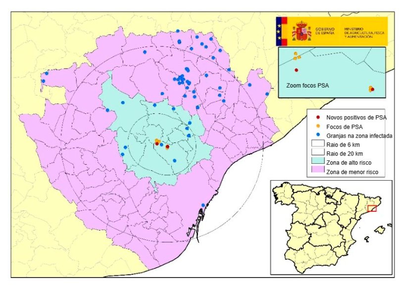 Localiza&ccedil;&atilde;o dos 7 focos em javalis silvestres e das explora&ccedil;&otilde;es su&iacute;nas localizadas dentro da zona infectada, com munic&iacute;pios na zona de alto e de menor risco. (Fonte: MAPA).
