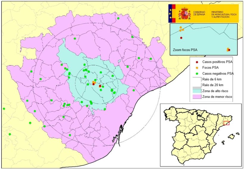 Localiza&ccedil;&atilde;o dos 7 focos em javalis silvestres e dos javalis encontrados mortos com resultado negativo detectados na Catalunha (Fonte: MAPA).
