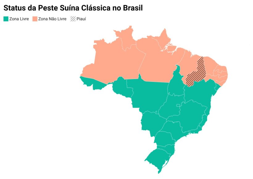 Status da Peste Su&iacute;na Cl&aacute;ssica no Brasil. Fonte: Mapa criado com dados publicados pela CNA, 2024.