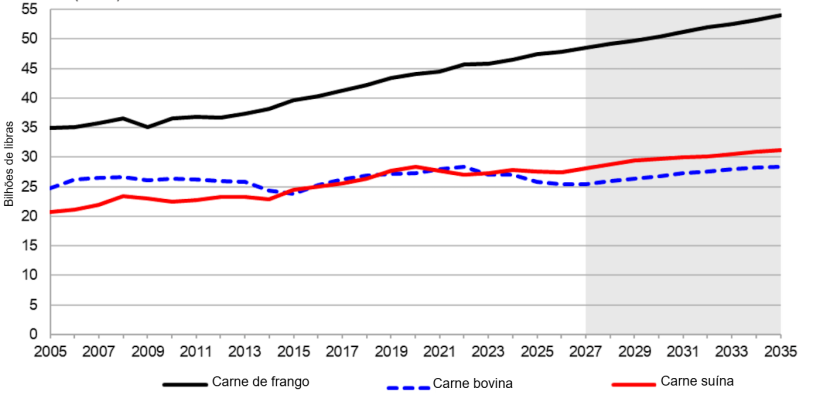Produ&ccedil;&atilde;o de produtos de origem animal nos EUA, 2005&ndash;2035. Fonte: USDA.
