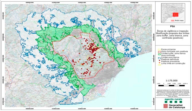 Redu&ccedil;&atilde;o das popula&ccedil;&otilde;es de javalis: localiza&ccedil;&atilde;o da &ldquo;zona branca&rdquo;, zona buffer e zona confinada. Fonte: Cos d&rsquo;Agents Rurals, Generalitat da Catalunha.
