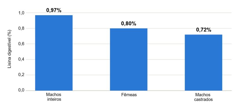 Figura 1. Exigência de lisina digestível por categoria (70–100 kg). Fonte: Tabelas Brasileiras de Aves e Suínos, 2024.