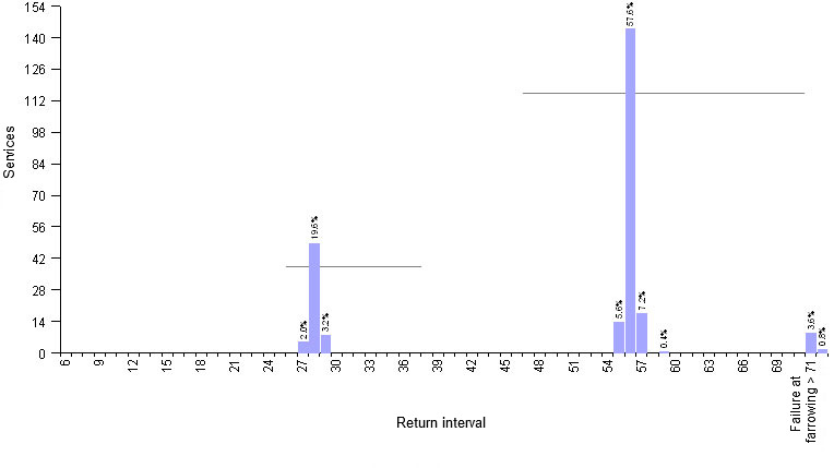 Graphic&nbsp;1.- Example of 4WBF farm:&nbsp;planning of return sow mating by use of hormones. Average return interval&nbsp;51,6 days
