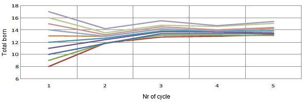 Graph 1. Evolution of prolificacy based on first farrowing prolificacy. For each piglet total born (TB) at the first farrowing, there will be 0.4 more TB per cycle.