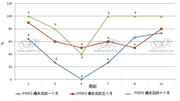 PCV2血清转化。在1,3,5,7,9周龄的猪中，疫病爆发后的1,5,10 个月，血清阳性的比列（采用免疫过氧化物酶单层试验法，稀释比例为1:500）,a和b表示在血清转化比例在统计学上的显著差异（血清采自1,3,5,7,9周龄的猪）（P