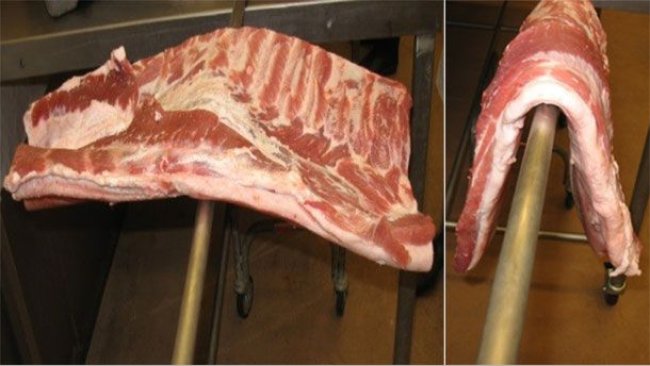 图1.饲喂玉米豆粕日粮的猪腹肉(左)。
饲喂30%高油脂DDGS日粮的猪腹肉(右)。