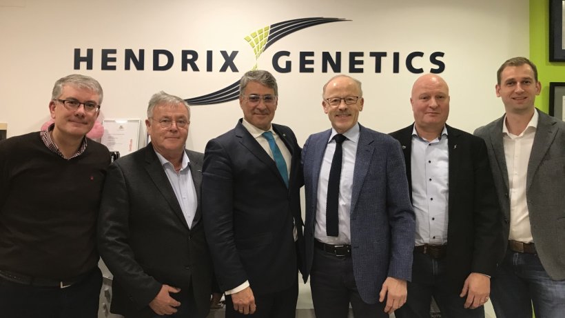（从左至右）Hendrix Genetics猪客户服务经理Jos&eacute;&Aacute;ngelPedrido； BHZP AI总监FriedrichHazenfu&szlig;； Hendrix Genetics CE和SE欧洲猪总经理Nicol&aacute;s&Aacute;lvarezHoggan； BHZP总经理Conrad Welp博士； Hendrix Genetics猪部全球运营和服务总监Jeroen van de Camp； BHZP销售经理Daniel Stegen
