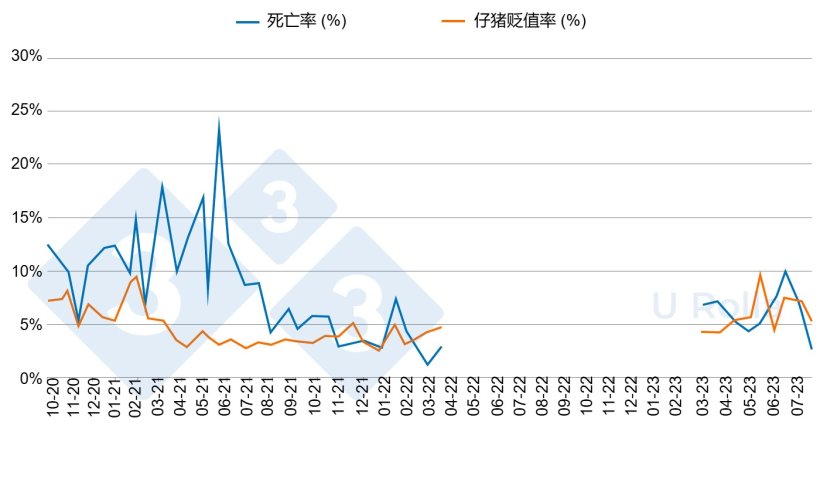 图5. 清群/复群前（2020年10月-2022年3月）后（2023年3月至7月）断奶仔猪死亡率（%）和二类仔猪比例。
