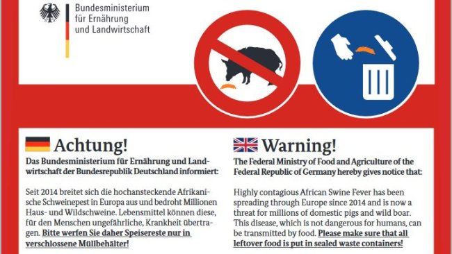 Handzettel des Bundesministeriums für Ernährung und Landwirtschaft mit Informationen zur Afrikanischen Schweinepest.http://www.bmel.de/SharedDocs/Downloads/Tier/Tiergesundheit/Tierseuchen/ASP/ASP-Handzettel_Druck.pdf?__blob=publicationFile
