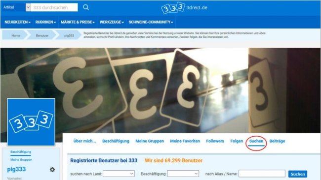 Von Ihrem Nutzerbereich aus können Sie andere Nutzer suchen und dabei nach Namen/Alias, Beschäftigung und Land filtern.