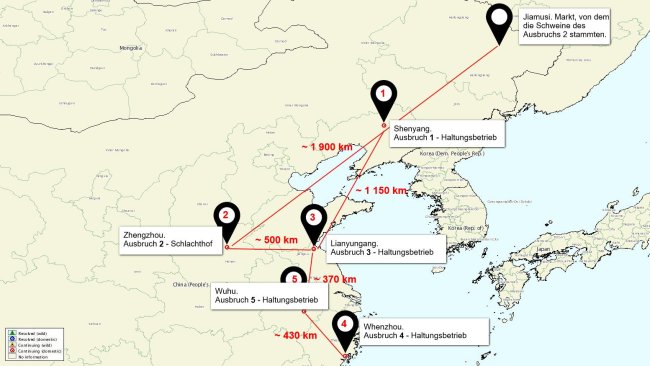 Lagekarte der ASP-Ausbrüche in China