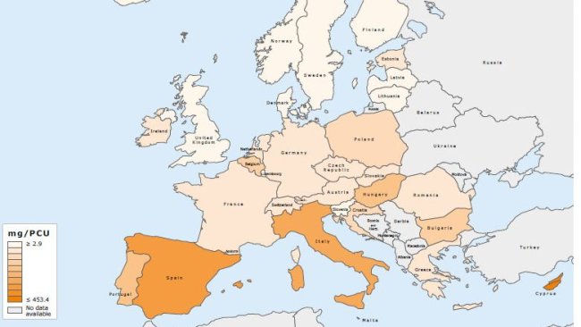 Geografische Verteilung der Gesamtabgabemengen von Antibiotika für Lebensmittel liefernde Tiere im Jahr 2016, in mg/PCU