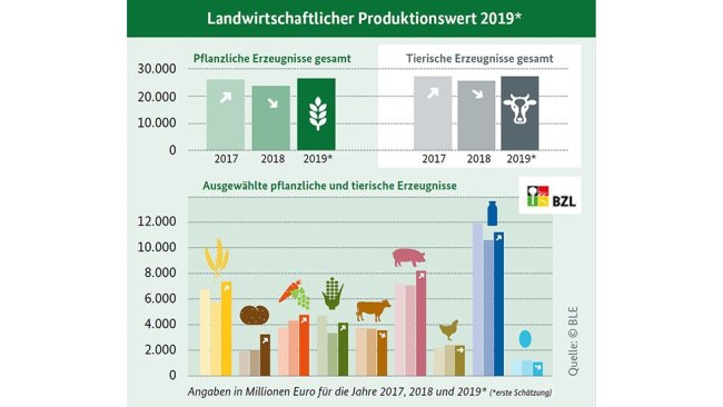 Der landwirtschaftliche Produktionswert erreicht 2019 nach erster Schätzung rund 57 Milliarden Euro.
