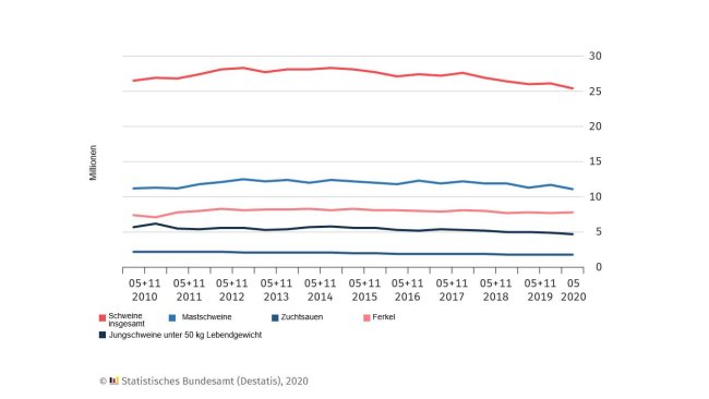 Schweinebestände in Deutschland. Stichtag der Erhebung ist jeweils der 3. Mai und 3. November eines Jahres; Mai 2020: vorläufige Ergebnisse.