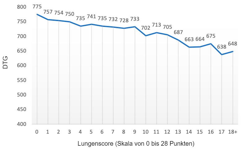 Abbildung 2: DTG-Wert (Gramm) im Verh&auml;ltnis zum Lungenscore (Skala von 0 bis 28 Punkten). Nach Pagot et al. (2007)
