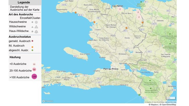Karte der ASP-Ausbrüche in Haiti. Quelle: OIE. © OpenStreetMap-Mitarbeiter. https://www.openstreetmap.org/copyright