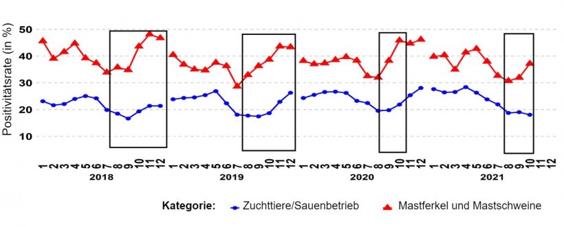 Abbildung 1: Prozentsatz der PCR-positiven PRRSV-Meldungen f&uuml;r die Alterskategorien Zuchttiere/Sauenbetrieb sowie Mastferkel und Mastschweine. Die schwarzen K&auml;stchen zeigen die st&auml;rkeren und/oder fr&uuml;heren Ausschl&auml;ge in den Daten der Mastbetriebe im Vergleich zu denen der Sauenbetriebe. Quelle: ISU-VDL: Veterin&auml;r- und Diagnoselabor der Iowa State University; UMN-VDL: Veterin&auml;r- und Diagnoselabor der University of Minnesota; SDSU-ADRDL: Forschungs- und Diagnoselabor f&uuml;r Tierkrankheiten der South Dakota State University; KSU-VDL: Veterin&auml;r- und Diagnoselabor der Kansas State University; OH-ADDL: Ohio Animal Disease and Diagnostic Laboratory.
