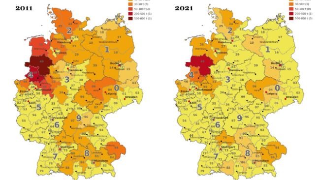 Abbildung 1: Antibiotika-Abgabemengen in der Tiermedizin nach Postleitregion in den Jahren 2011 und 2021. Quelle: BVL.