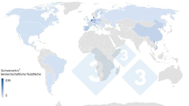 Anzahl der Schweine/km2 landwirtschaftliche Nutzfläche in den wichtigsten Erzeugerländern der Welt im Jahr 2020. Daten zur landwirtschaftlichen Nutzfläche: Weltbank. Erhobene Daten: 3tres3