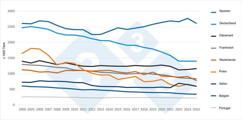 Entwicklung des Sauenbestands in den Haupterzeugerl&auml;ndern der EU (2004-2024). Quelle: 333 mit Eurostat-Daten
