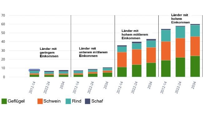Pro-Kopf-Fleischverbrauch nach Einkommensgruppen und Fleischarten in kg/Person/Jahr (Verzehrgewicht). Quelle: OECD/FAO (2025), „OECD-FAO Agricultural Outlook“, OECD-Agrarstatistiken (Datenbank), http://data-explorer/oecd.org/s/1hc.