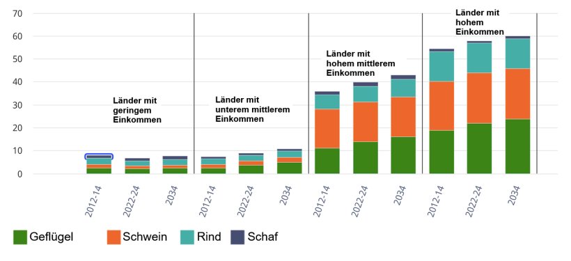 Pro-Kopf-Fleischverbrauch nach Einkommensgruppen und Fleischarten in kg/Person/Jahr (Verzehrgewicht). Quelle: OECD/FAO (2025), &bdquo;OECD-FAO Agricultural Outlook&ldquo;, OECD-Agrarstatistiken (Datenbank), http://data-explorer/oecd.org/s/1hc.
