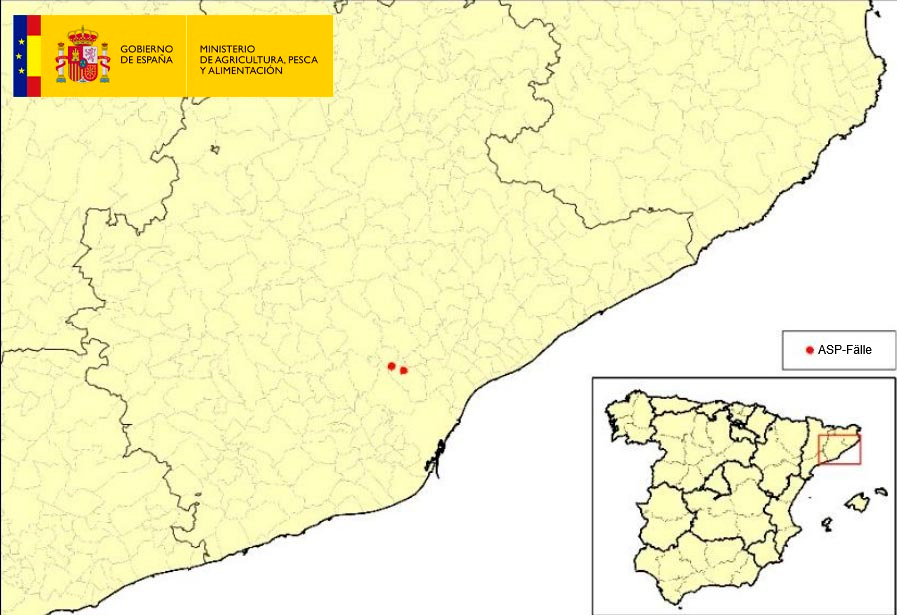 <p>Lage der 2 in Katalonien festgestellten ASP-Fälle bei Wildschweinen (Quelle: MAPA)</p>