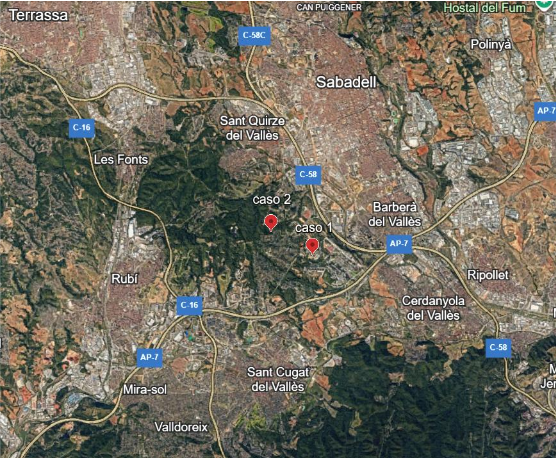 <p>Satellitenkarte mit der Lage der 2 festgestellten ASP-Fälle bei Wildschweinen (Quelle: MAPA)</p>