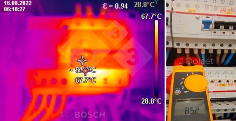 Foto 2: Erkennung einer m&ouml;glichen St&ouml;rung mittels Thermografie (links) und mit dem bekannten Pr&uuml;fger&auml;t (rechts)
