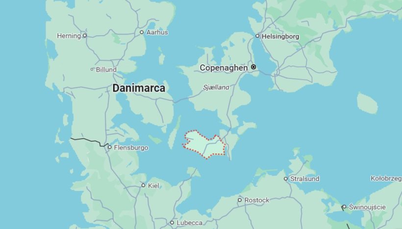 Lolland (rote gestrichelte Linie) ist die viertgrößte Insel Dänemarks.