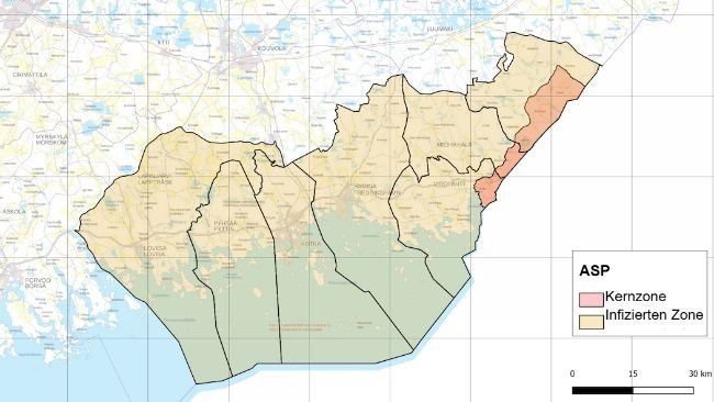 ASP-Kernzone und Infektionszone in Finnland. Quelle: Finnische Lebensmittelbehörde.