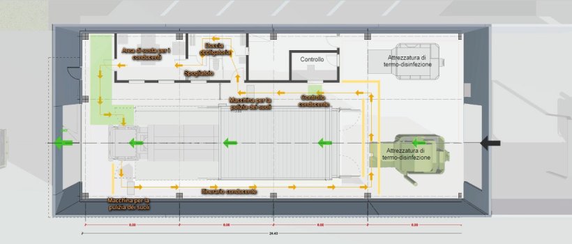 Area di disinfezione dei camion, in questo caso termica.