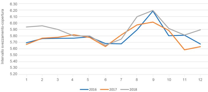 Figura 1. Intervallo svezzamento-copertura in funzione del mese dell'anno. Fonte: PigChamp Pro Europa