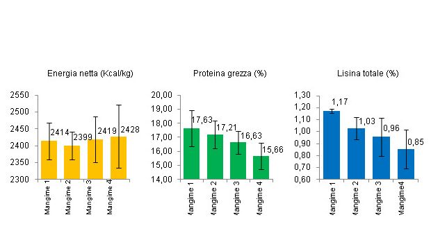 Energia netta, proteina grezza e lisina totale in 4 mangimi