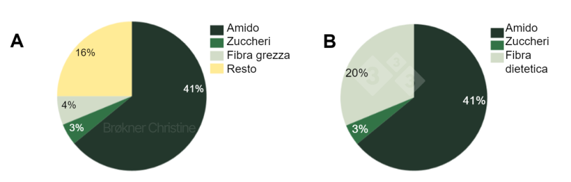 Figura 2. Una dieta, due analisi diverse per quantificare il contenuto totale di carboidrati&nbsp;(64%) di un mangime commerciale di svezzamento. (A)&nbsp;L'analisi prossimale ha le sue limitazioni e non riconosce il&nbsp;16% della frazione di&nbsp;fibra. (B) L'analisi chimico-enzimatica identifica tutte le frazioni di carboidrati.
