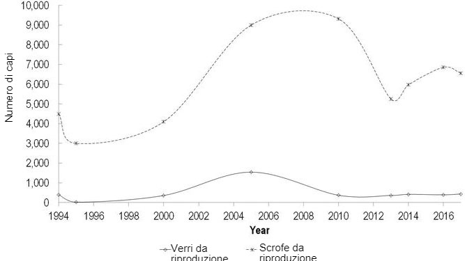 Figure 1. Censimento della razza suina Alentejano dal 1994 al 2017.
