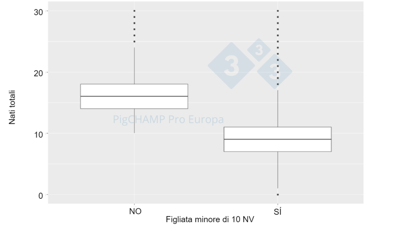 Grafico 4. Rappresentazione grafica mediante box plot del numero totale di suinetti nati in base alla dimensione della figliata, 2018-2019.
