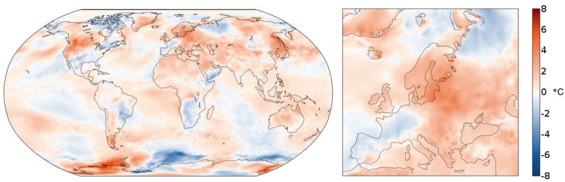 Figura 2. Anomalia della temperatura dell'aria a luglio 2021 in relazione al periodo 1991-2020 (Fonte: Copernicus Climate Change Service/ECMWF)