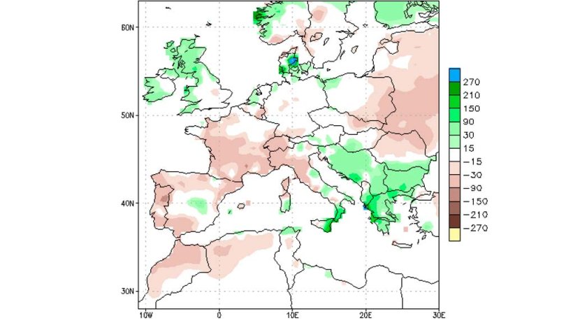 Mappa 1. Anomalie delle precipitazioni 06OCT2021-04NOV2021 (fonte: Climate Prediction Center - NOOA).
