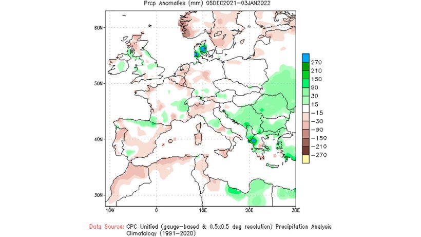 Mappa 1. Anomalie delle precipitazioni europee (mm) tra il 5 dicembre 2021 e il 3 gennaio 2022 (fonte: Climate Prediction Center – NOOA)