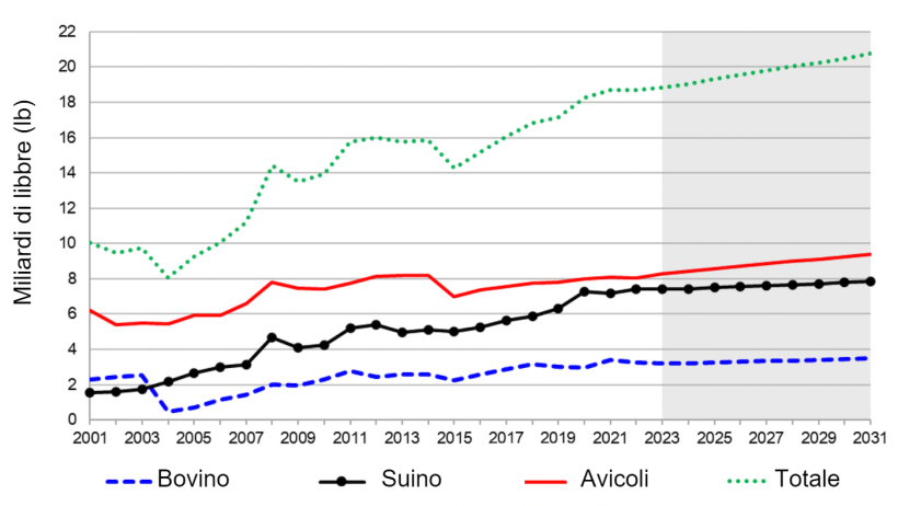 Esportazioni di carne statunitensi per specie. Dal 2021 alla sua stima nel 2031. Nota: l'area ombreggiata rappresenta una stima. Fonte: USDA. 5 novembre 2021&nbsp;
