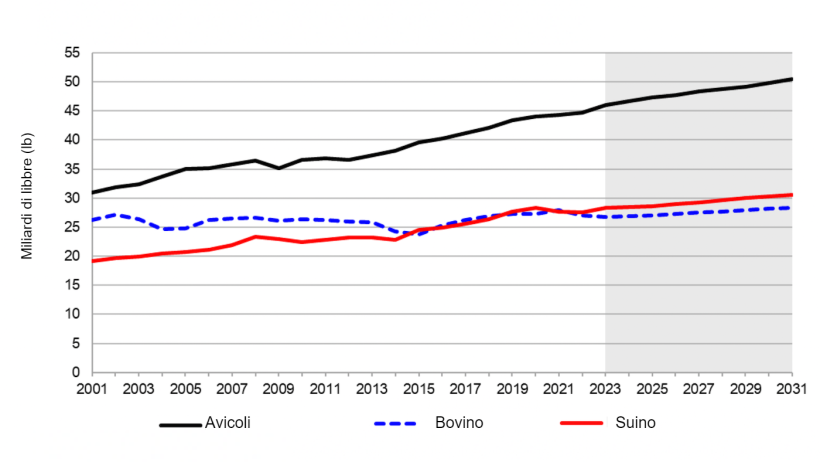 Produzione animale negli Stati Uniti per specie. Dal 2021 alla sua stima nel 2031. Nota: l'area ombreggiata rappresenta una stima. Fonte: USDA. 5 novembre 2021
